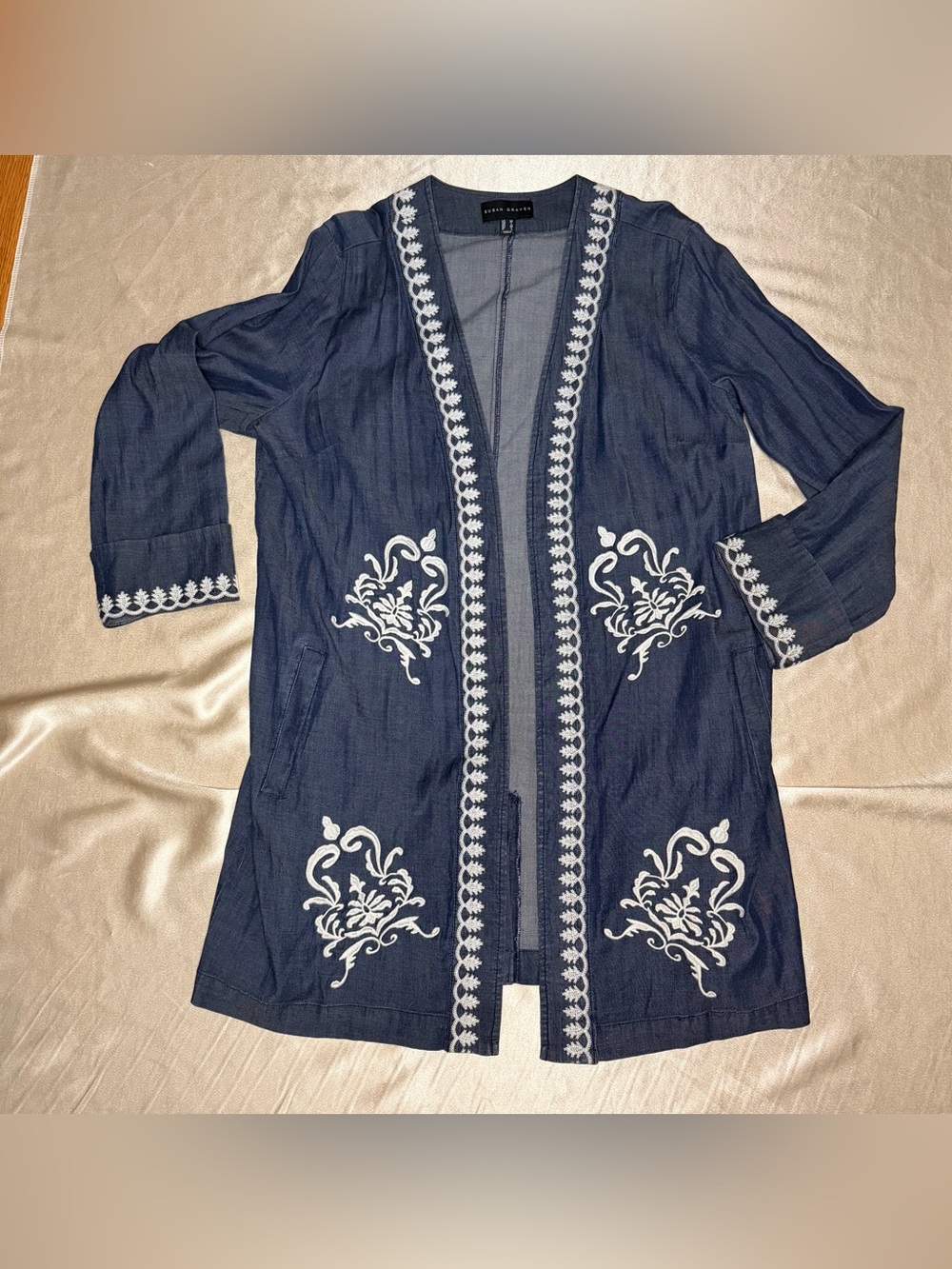 Susan Graver  Open Front Chambray Jacket with Lace Applique Medium A641719